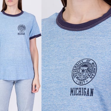 80s University Of Michigan Ringer Tee - Unisex Medium | Vintage Heather Blue Collegiate T Shirt 