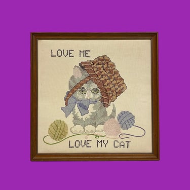 Vintage Cross Stitch 1980s Retro Size 15x15 Bohemian + Love Me Love My Cat + Homemade + Yarn Balls + Kitten Wall Art + Cat Lover + Decor 