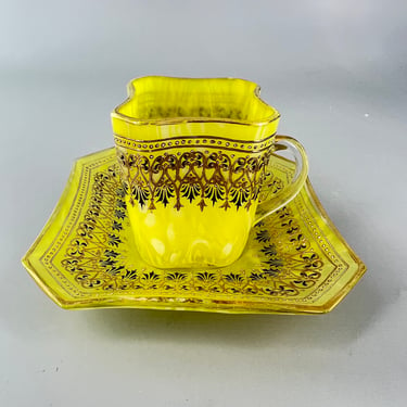 Antique Yellow Swirl Glass Marbled Golden Tea Cup & Saucer 