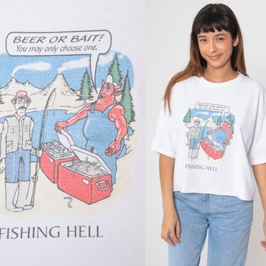 Funny Fishing Shirt y2k Beer or Bait T-Shirt Devil Hell Boat Fisherman Joke Graphic Tee Dark Humor Fish TShirt White Vintage 00s Large L 