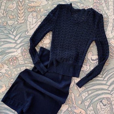 1930s 2 Piece Black Rayon Crochet Set - Size XS/S