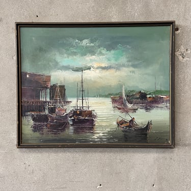 Mid Century Seaport Painting - Oil On Canvas