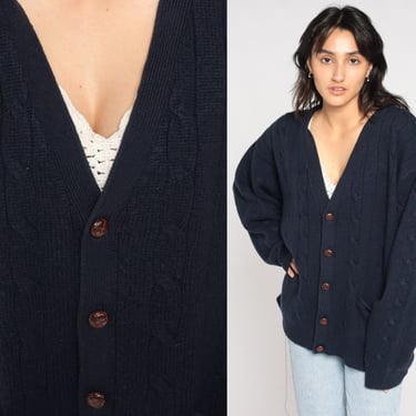Navy Blue Sweater 90s Cable Knit Cardigan Button Up Retro Slouchy Grandpa Cableknit Winter Preppy Knitwear Vintage 1990s Mens Extra Large xl 