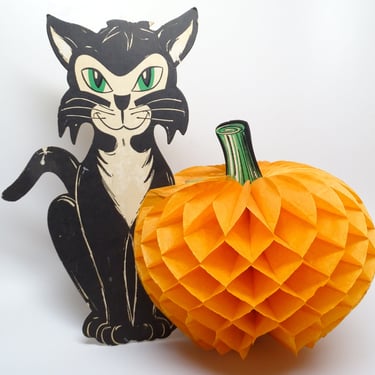 Vintage Beistle Halloween Black Cat with Orange Honeycomb, Made in USA, Retro Party Decor 