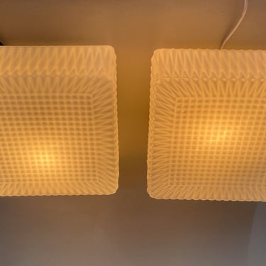 Pair of Mid-Century Milk Glass Ceiling Lights, Czechoslovakia / Set of Two Vintage Flush Mounts / White 