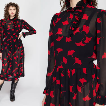 Medium 80s Albert Nipon Ginkgo Leaf Print Dress | Vintage Sheer Black & Red Button Up Secretary Midi Shirtdress 