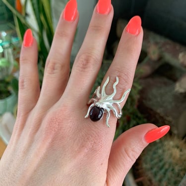 Big Sterling Amber Octopus Ring