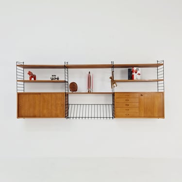 Wall-mounted original Swedish string shelf system, drawers, bookcase teak by Nils & Kajsa Strinning, 1960s 