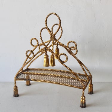 Italian Mid-Century Gilded Rope Tassels Magazine Book Rack 