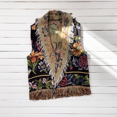 tapestry vest 90s vintage black floral fringed woven blanket vest 