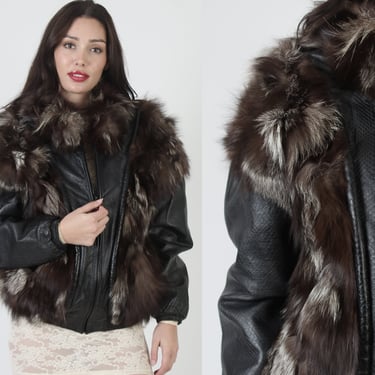 Leather Real Silver Fox Fur Bomber Jacket, Vintage 70s Black Arctic Silver Apres Ski Coat 