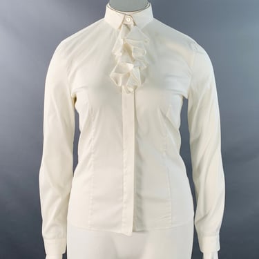 PRADA Size L Cream Cotton Blend Ruffled Hidden Buttons Shirt