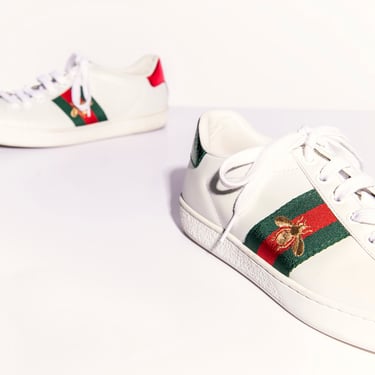 GUCCI White Leather Red Green Bee Low Top Sneakers (Sz. 38)