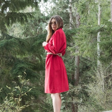 80s Red Velour Dress, Long Sleeve Button Front Velvet Midi Dress, 1980s Secretary Dress 