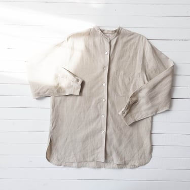 beige linen blouse | 90s vintage minimal oversized mandarin collar long sleeve light brown linen tunic shirt 