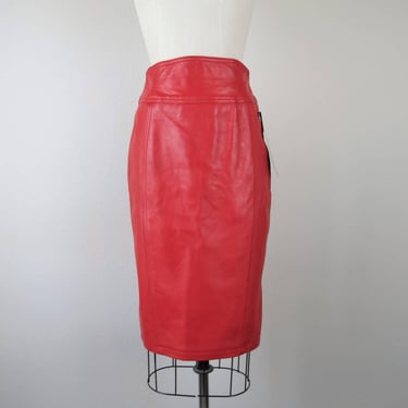 Vintage 1980s red leather pencil skirt, high waist, nwt, deadstock 