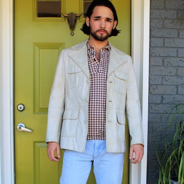 Vintage 1970s Off White Leather Jacket, Size 38 Men, vintage 70s Clothing 