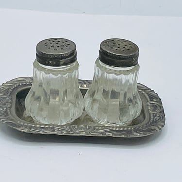 Vintage 3 PC miniature glass salt and pepper shakers on silver plated tray 