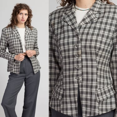 80s Black & White Blazer - Medium | Vintage Button Up Notched Collar Jacket 