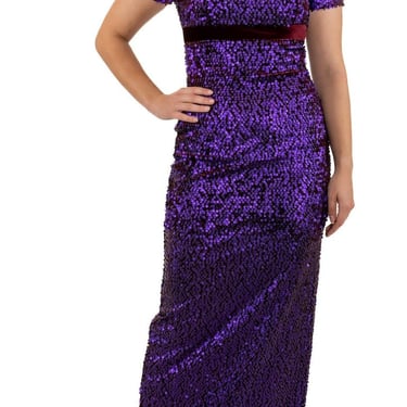 1990s Purple Burgundy Rayon Blend Velvet Fully Sequined Empire Waist Gown Lined In Silk Satin 