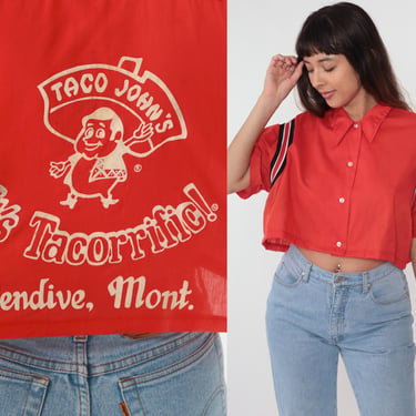 Vintage 70s Bowling Uniform Shirt Red Cropped Taco John’s Button Up Crop Top Striped Short Sleeves Graphic Glendive Montana Medium 