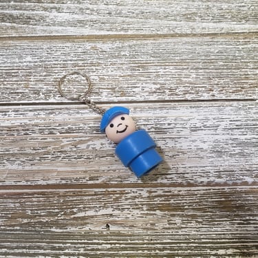 1970s Vintage Fisher Price Little People Keychain, Pilot or Mailman Key Fob, Plastic Body & Head, Young Man Boy Key Ring Charm, Retro Toys 