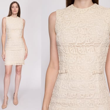 XS| 60s Crochet Lace Fitted Mini Dress - Extra Small | Vintage Cream Sheath Cocktail Wiggle Dress 