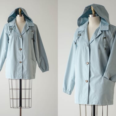 light blue jacket | 90s vintage pale sky blue hooded waterproof raincoat 