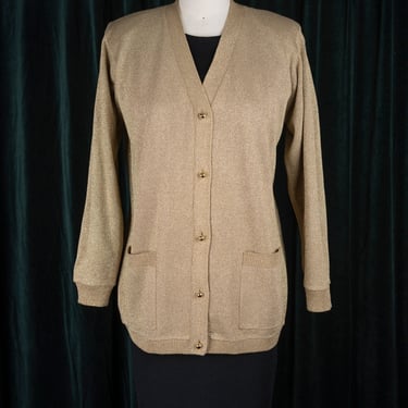 Vintage 80s Gold Lurex Metallic Thread Long Cardigan With Gold Buttons 