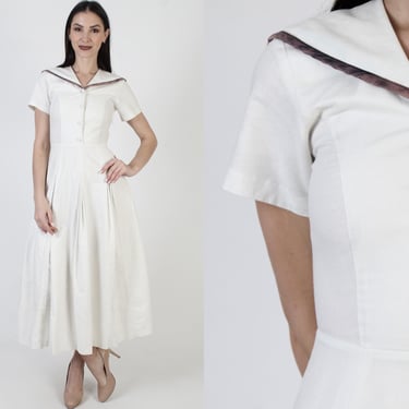 Laura Ashley White Sailor Dress, Large Roll Collar, Vintage 80s Nautical Inspired, Tag Size UK 8 US 4 