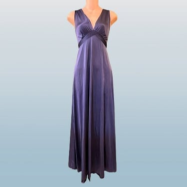 vintage goddess nightgown 1970s navy nylon long gown medium 