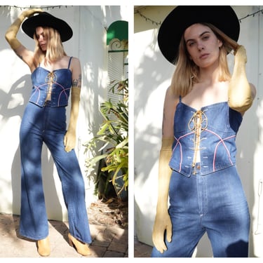 70s Top + Jeans Set / High Waist Bell Bottom Pants Set / Red and White Piping Seventies Outfit / Blue Denim Waist Coat / Corset Crop Top 