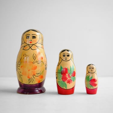 Vintage Matryoshka Doll, Set of Three Nesting Russian Hand Painted Wood Dolls 