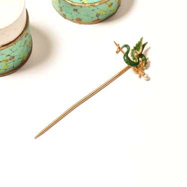 Art Nouveau 14K Enameled Seed Pearl Dragon Stick Pin, Yellow Gold Hat Pin, Japanese Dragon & Sword Motif, 5.5cm 