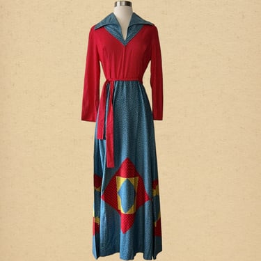 Vintage 70s Bohemian Patchwork Style Maxi Dress, Size Estimate Women's Small 