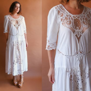 Vintage 80s White Cotton Lace Drop Waist Dress/ 1980s Eyelet Sheer Oversized Fit Dress/ Size Medium 