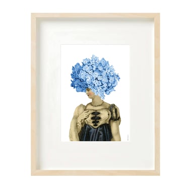 Print (A4) collage - dametje met hortensia op hoofd