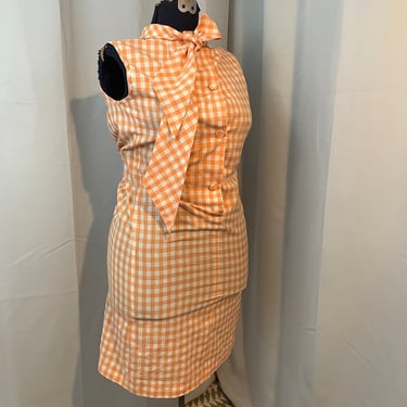 1960s Vintage Gingham Peach a line day dress Woven Tammy Andrews pussy bow L 