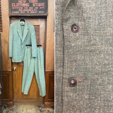 Vintage 1950’s Rare Green Wool Rockabilly Suit, Patch Pockets, Sportcoat Jacket, Pleated Pants, Rockabilly, 1950s Suit, Atomic Fleck, Wool 