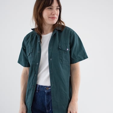 Vintage Dark Teal Short Sleeve Work Shirt | Unisex Narrow 60s Cotton OverShirt | Made in USA | XS | 