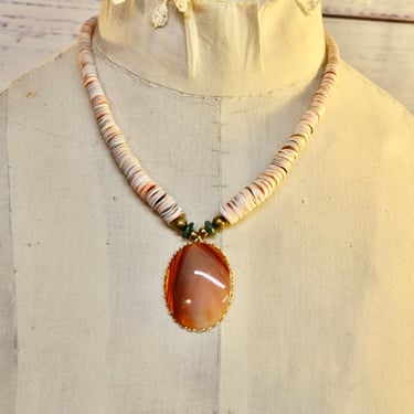 Navajo Large Authentic Carnelian Cabochon Pendant Heishi Bead Necklace Rare Collectible Gift for Her c1948 Collectible Gold Plated 