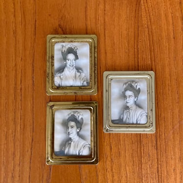Photomatic photo booth souvenir portraits set of 3 - tiny brass frames - Aunt Liz 1940's brunette in fancy hat 