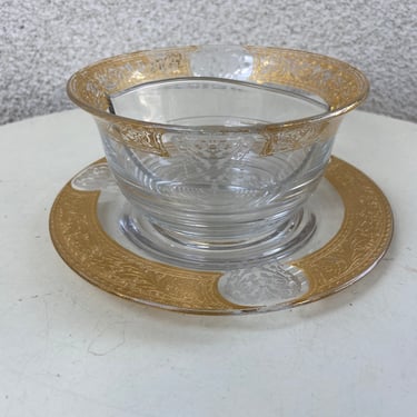 Vintage elegant small divided bowl with plate underlined serving dish gold encrusted rims clear glass 
