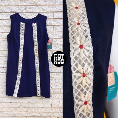 DEADSTOCK Vintage 60s 70s Navy Blue Linen Shift Dress with Crochet Flower Trim 