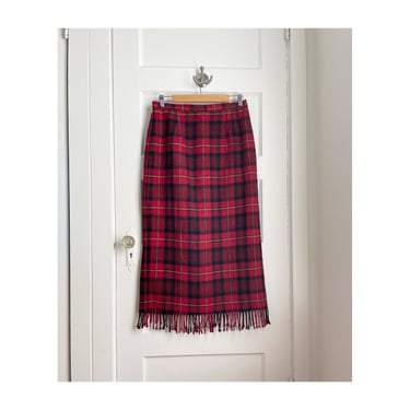 1990s Red Plaid Wool Blanket Skirt with Fringe- size large 