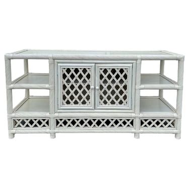 White Rattan Sideboard 60” - Vintage Woven Lattice Twisted Rope Media Center Console Hollywood Regency Coastal Wood Buffet Cabinet TV Table 