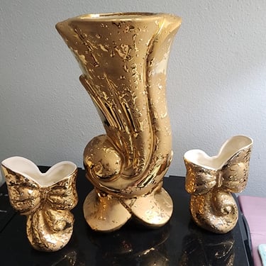 1950s 22 kt Gold 3 piece Vase Set Weeping Gold American Bisque Company 