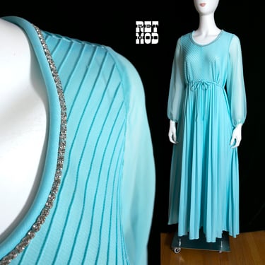 Lovely Vintage 70s Light Blue Maxi Dress with Rhinestone Trim & Sheer Long Sleeves 