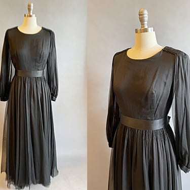1960's Custom Couture Black Chiffon Dress / Mary Gleason for Bergdorf Goodman /  60's Black Chiffon Gown / Size Large 
