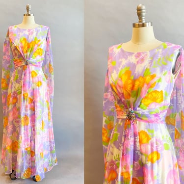 1960s Floral Maxi / Floral Chiffon Gown / 1960s Evening Gown / Mike Benet Dress /  Size Medium 